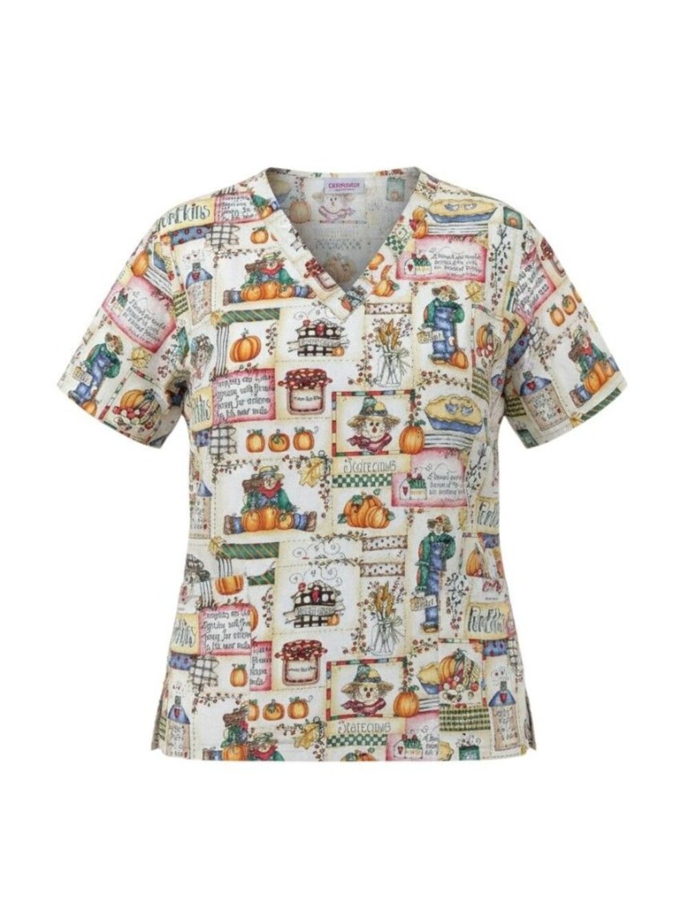Cherokee Womens Scarecrow & Pumpkin Patch Print V-Neck Scrub Top 3XL